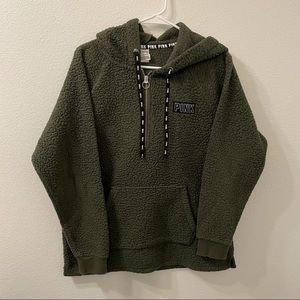 PINK VICTORIA SECRET OLIVE GREEN FUZZY JACKET